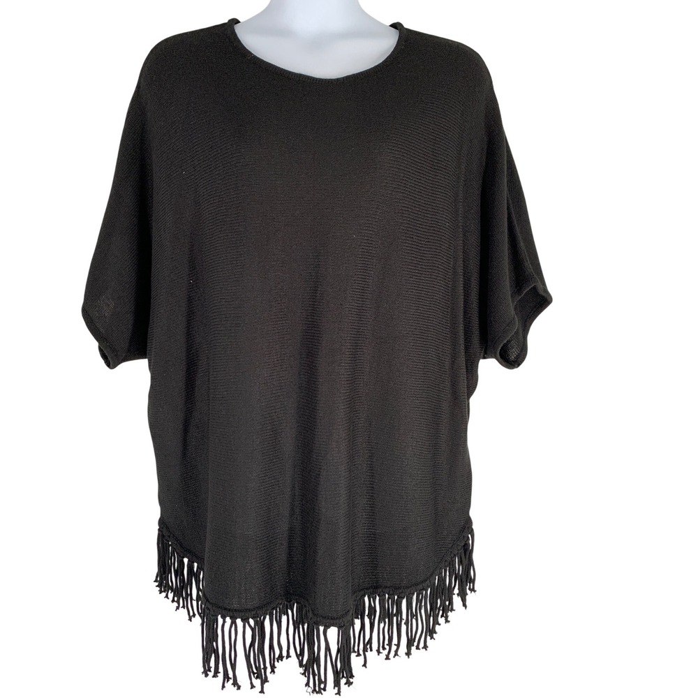 NY Collection 3X Black Fringe Hem Poncho Lightweight Knit Boho